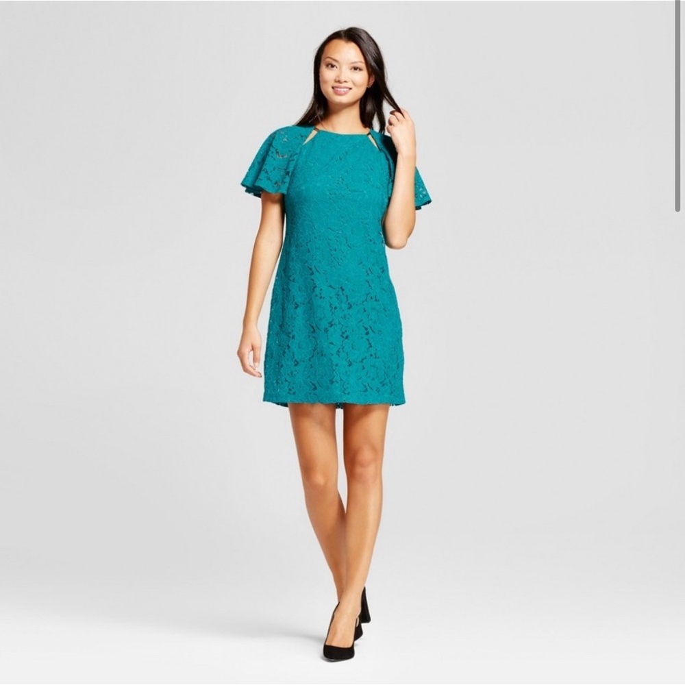 Melonie T Teal Blue Dress‎ Lace Shortsleeve Sheath 12 Large